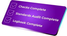 Purple rectangle with 3 point checklist about checks audit and logbook