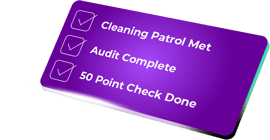 Purple rectangle with 3 point checklist about cleaning audit and 50 point check