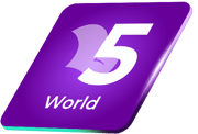 Purple square at an angle with the word world and number 5 icon 