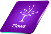 Purple rectangle at an angle with the word flows and arrow tree icon