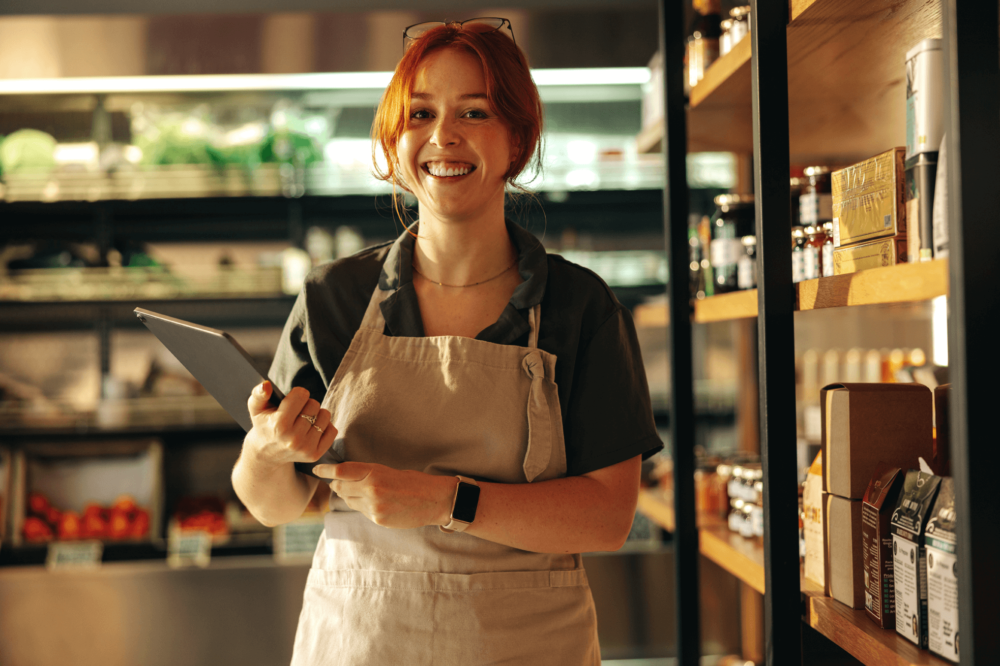 A cheery supermarket manager using a tablet to take stock A cheery supermarket manager using a tablet to take stock