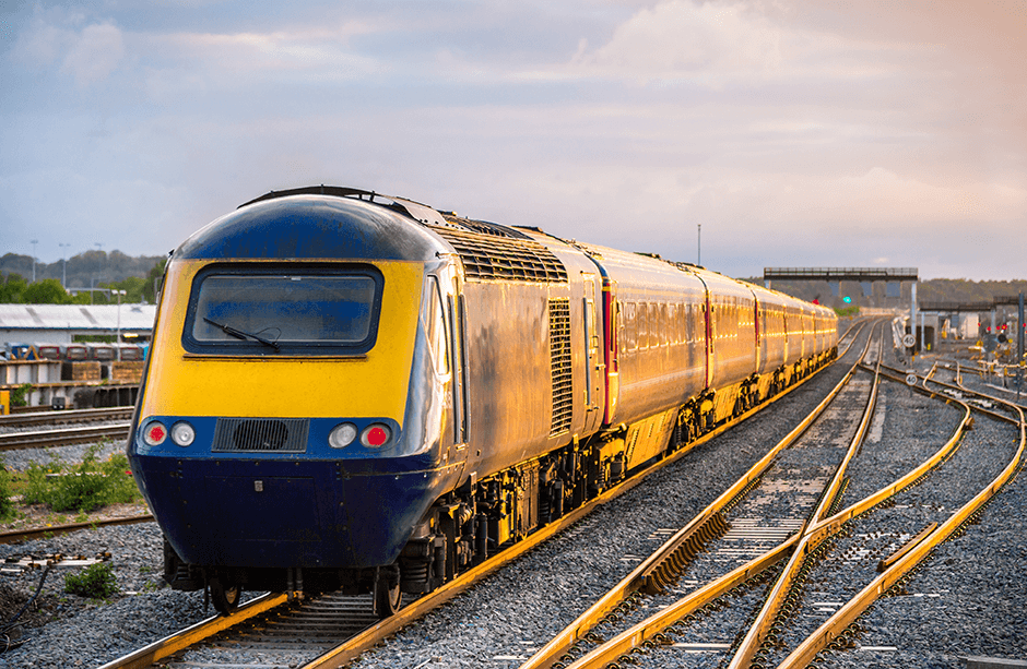 A train on the mvoe at sunset